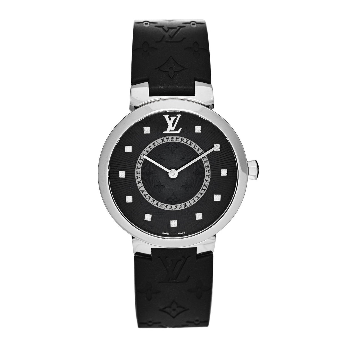 Louis Vuitton Stainless Steel Rubber Diamond 33mm Tambour Slim Quartz Watch Black