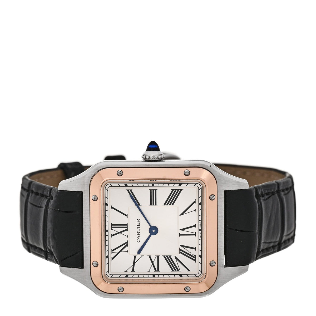 Cartier Stainless Steel 18K Pink Gold Alligator 31.4mm Santos Dumont Quartz Watch