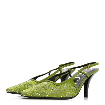 Gucci Moire Fabric Women's Crystal GG Slingback Pumps 37 Lemon Leaf