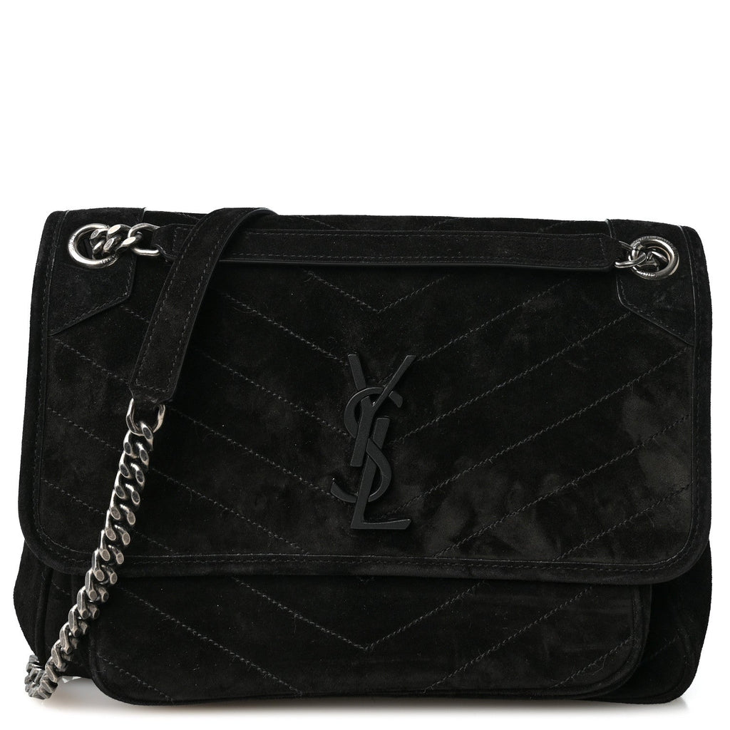 Saint Laurent Suede Monogram Medium Niki Chain Satchel Black