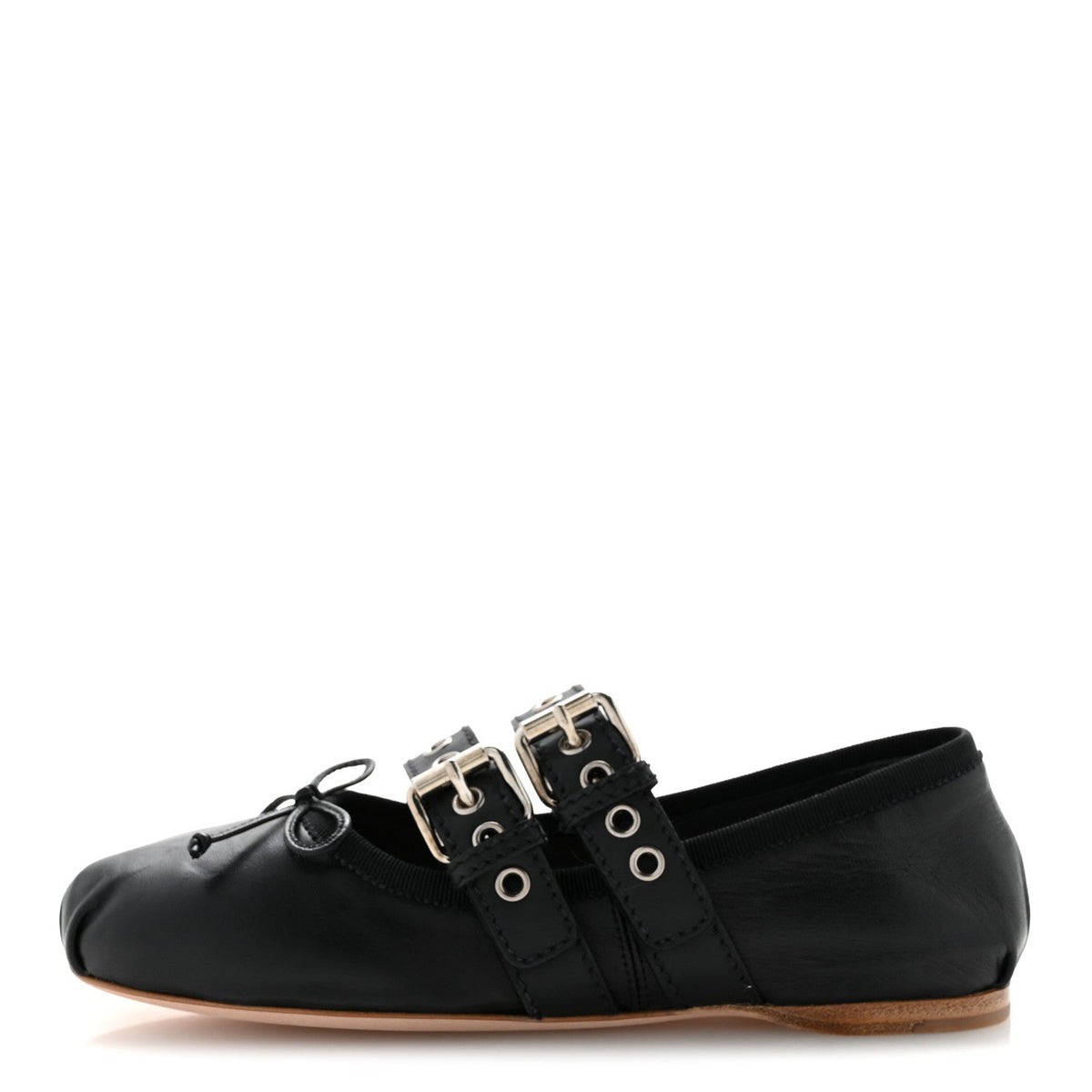 Miu Miunappa Vitello Nevada Double Buckle Ballerina Flats Black