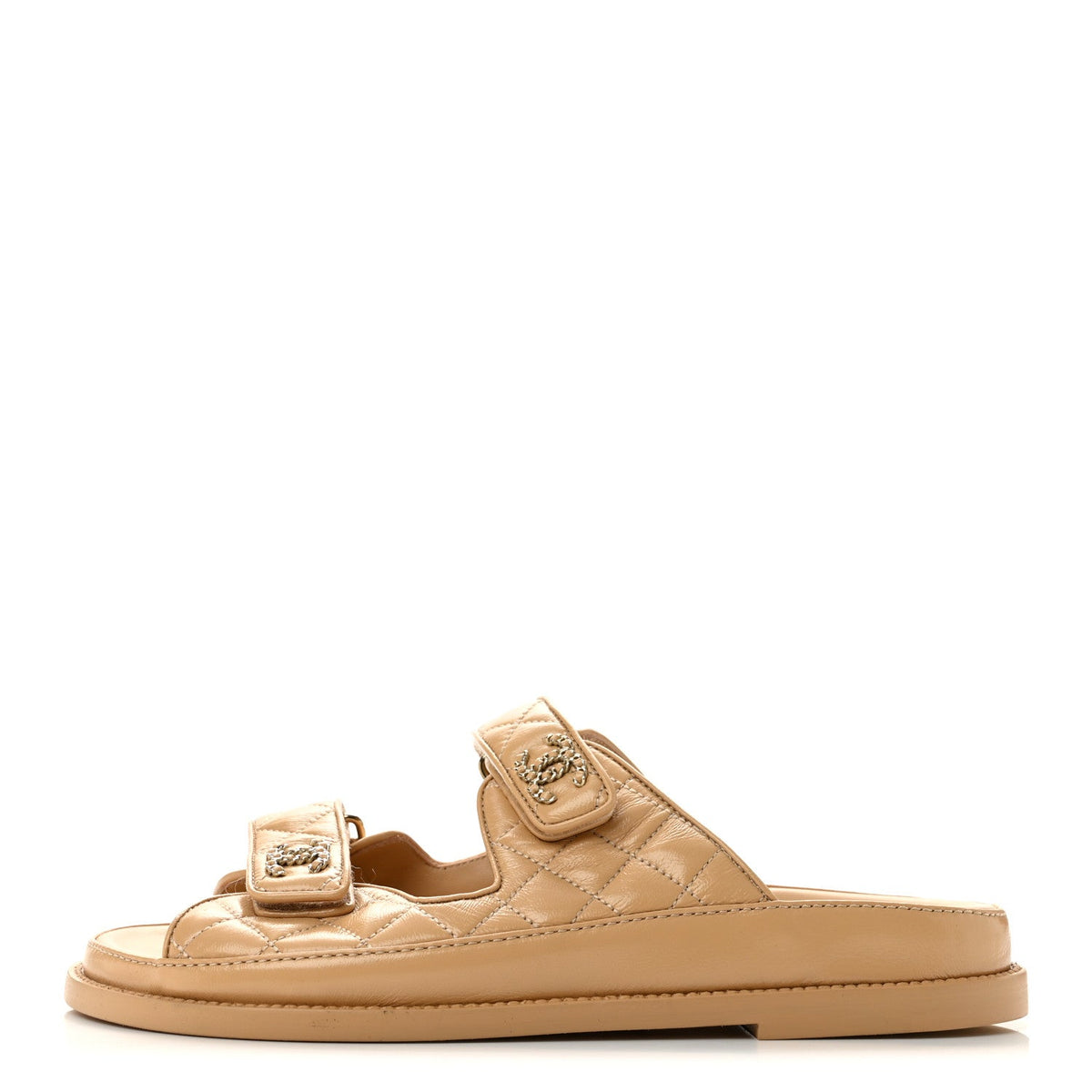 Lambskin Quilted Velcro Dad Chain CC Slide Sandals Beige