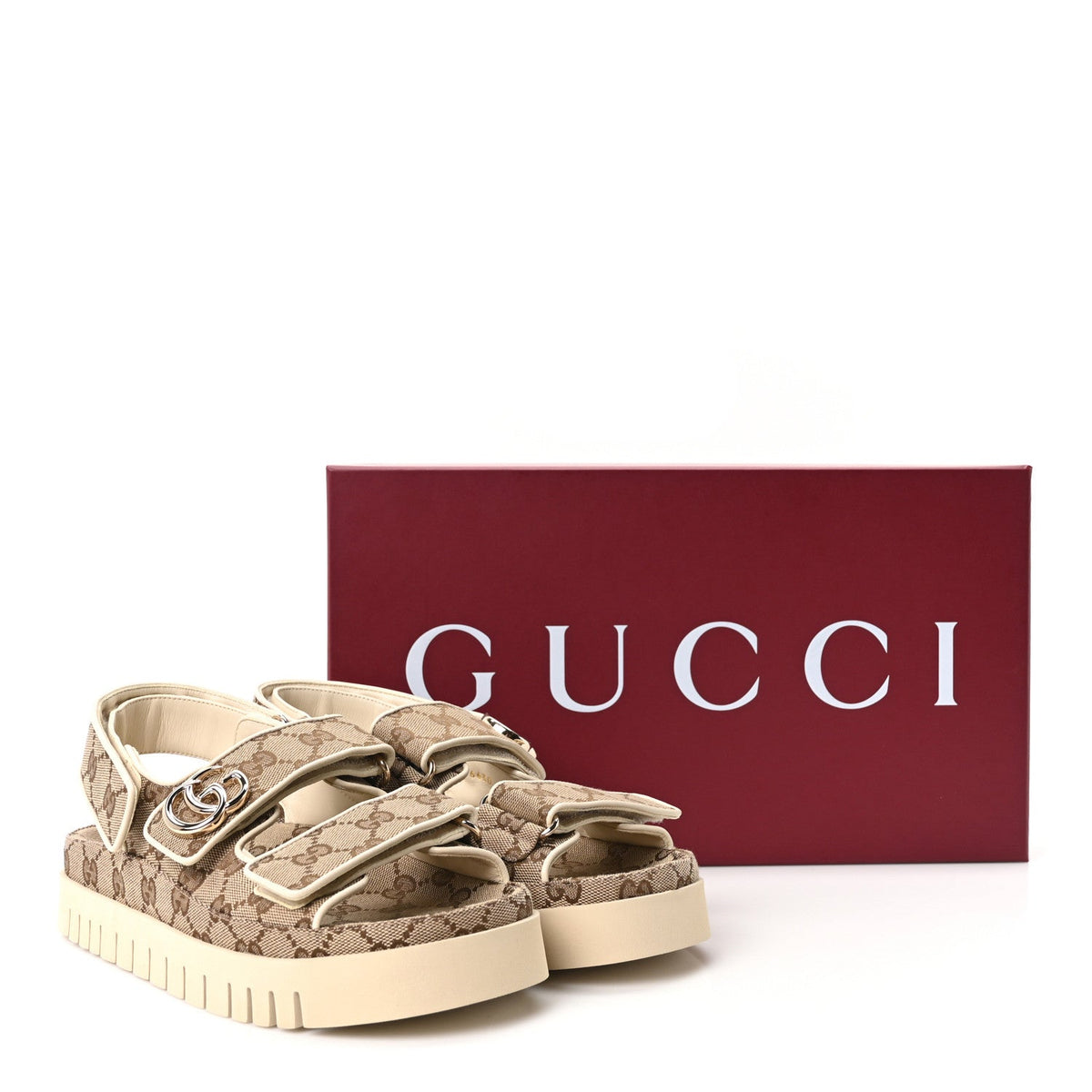 Gucci Canvas Suede Women's Double G Dad Sandals 37 Beige Ebony New Acero