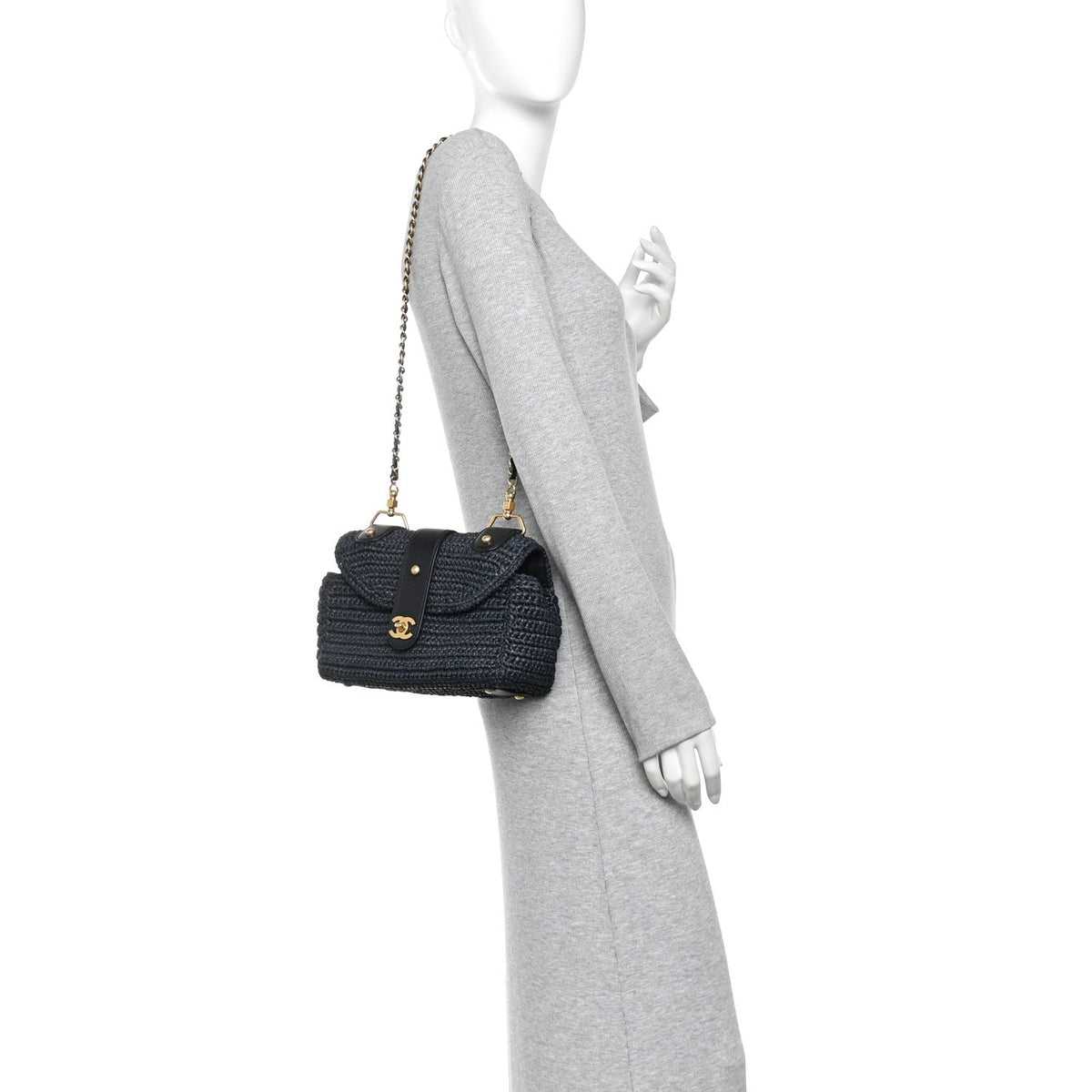 Chanel Straw Raffia Shoulder Bag Navy Blue
