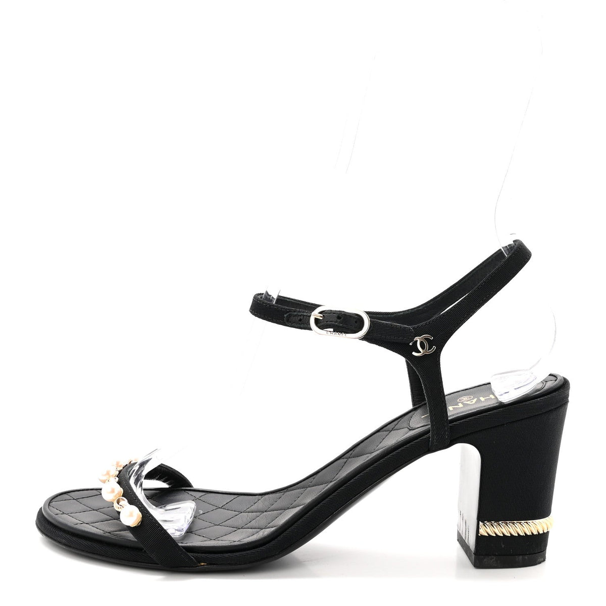 Grosgrain Pearl Chain CC Sandals Black