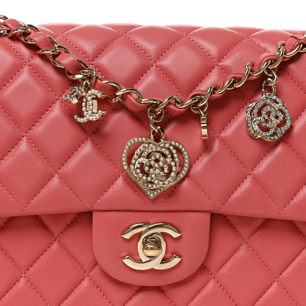 Chanel Lambskin Quilted Valentine Charms Medium Flap Bag Pink