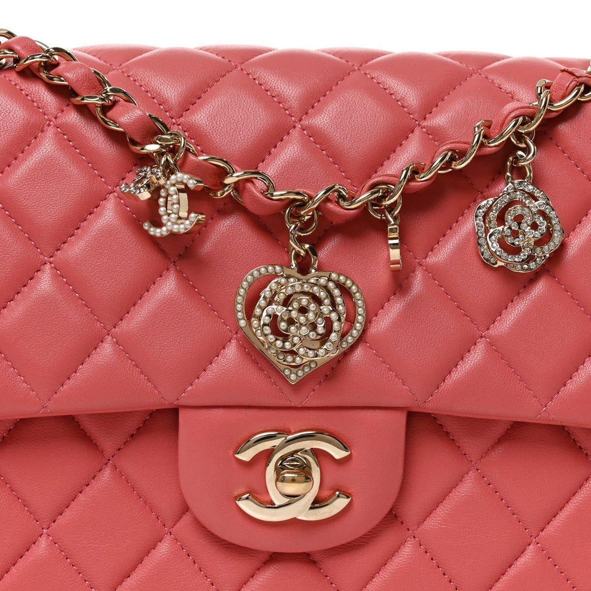 Chanel Lambskin Quilted Valentine Charms Medium Flap Bag Pink