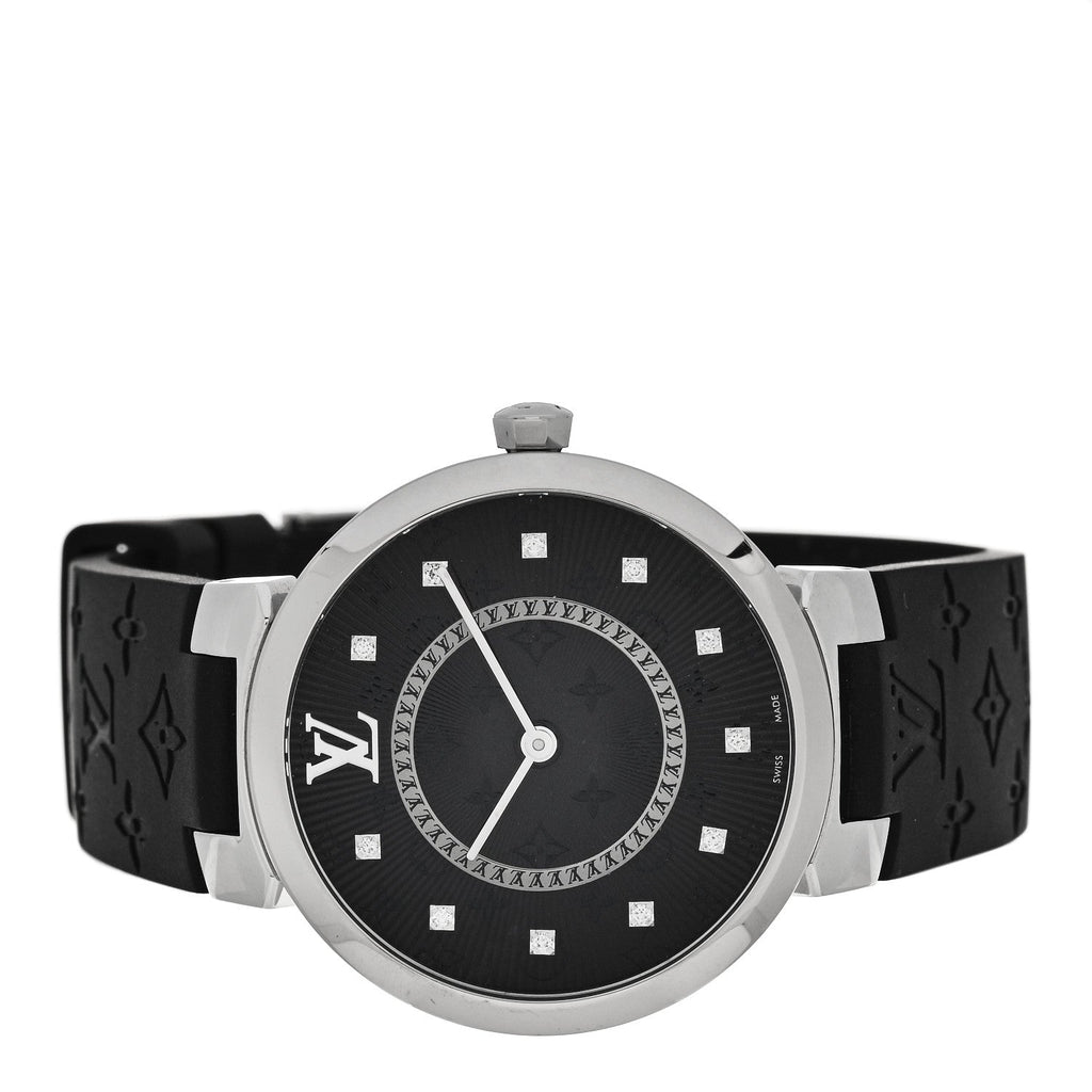 Louis Vuitton Stainless Steel Rubber Diamond 33mm Tambour Slim Quartz Watch Black