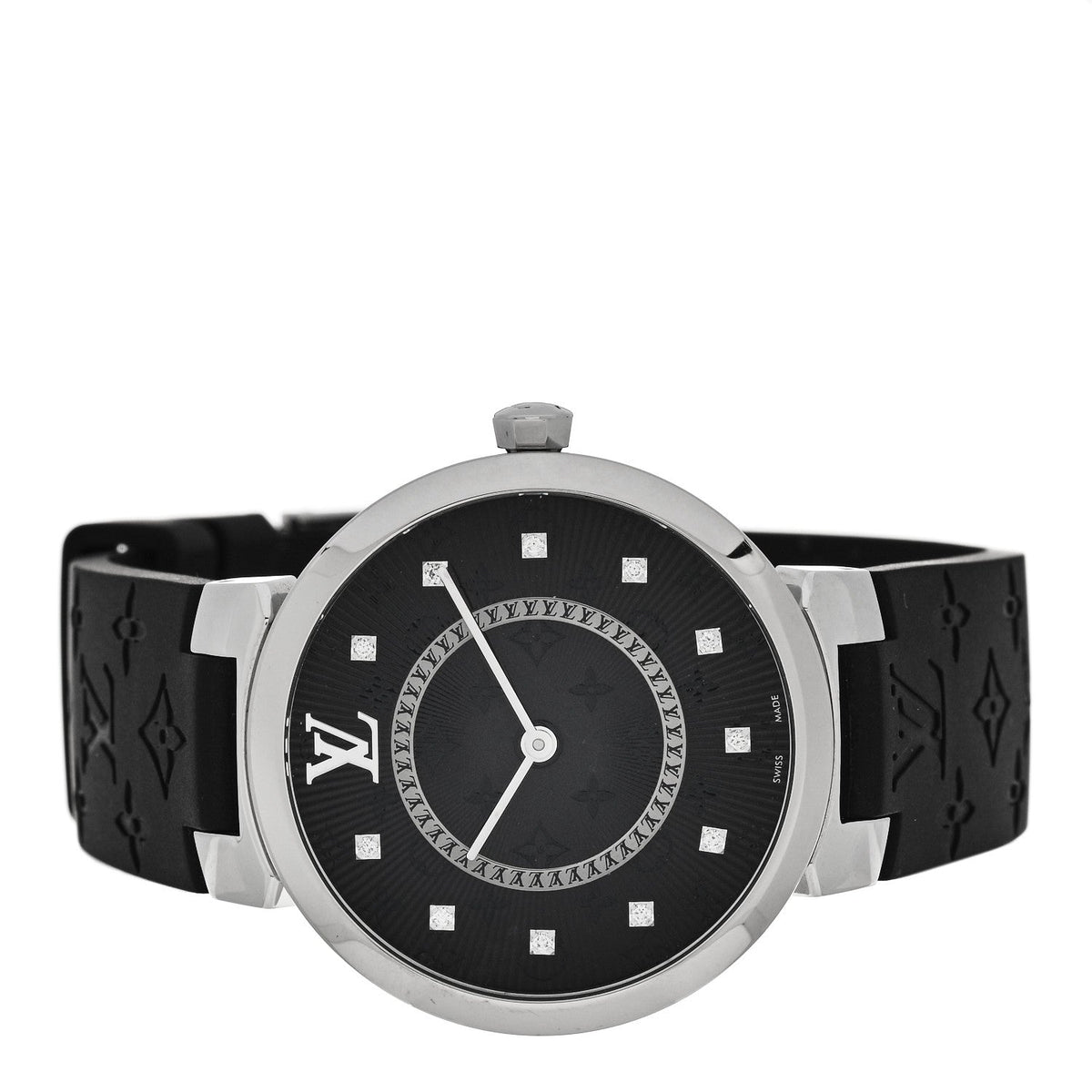 Louis Vuitton Stainless Steel Rubber Diamond 33mm Tambour Slim Quartz Watch Black