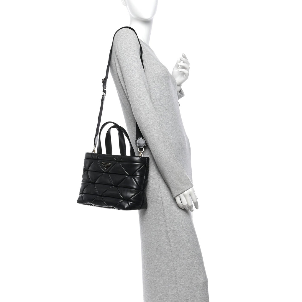 Prada Nappa Triangle Quilted Double Handled Zip Pocket Tote Black