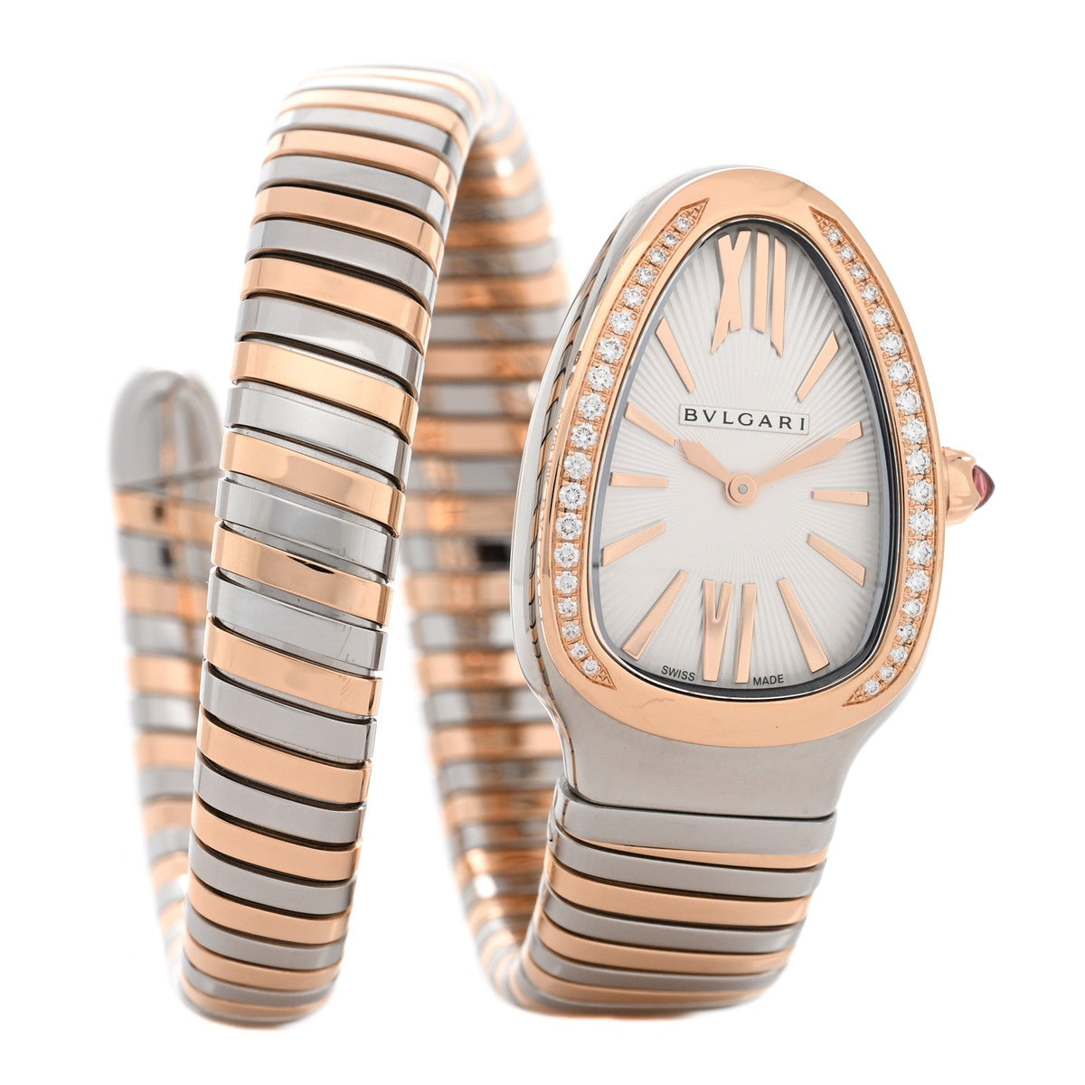 Bulgari Stainless Steel 18K Rose Gold Diamond 35mm Serpenti Tubogas Watch Silver