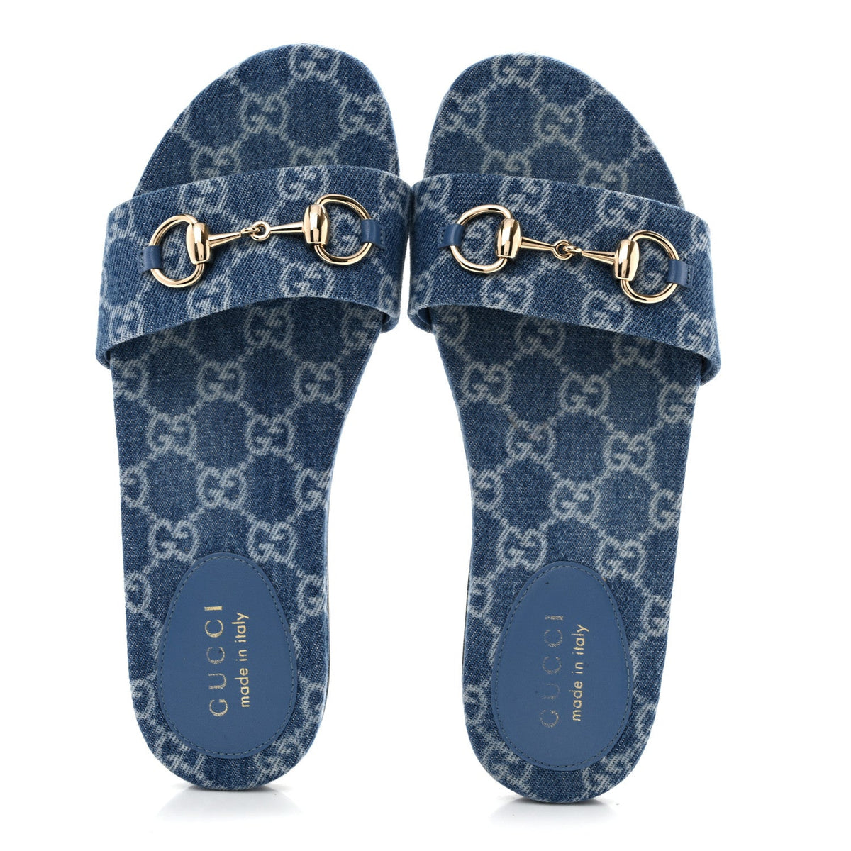 Gucci Denim Women's GG Monogram Horsebit Flat Slide Sandals 36 Blue