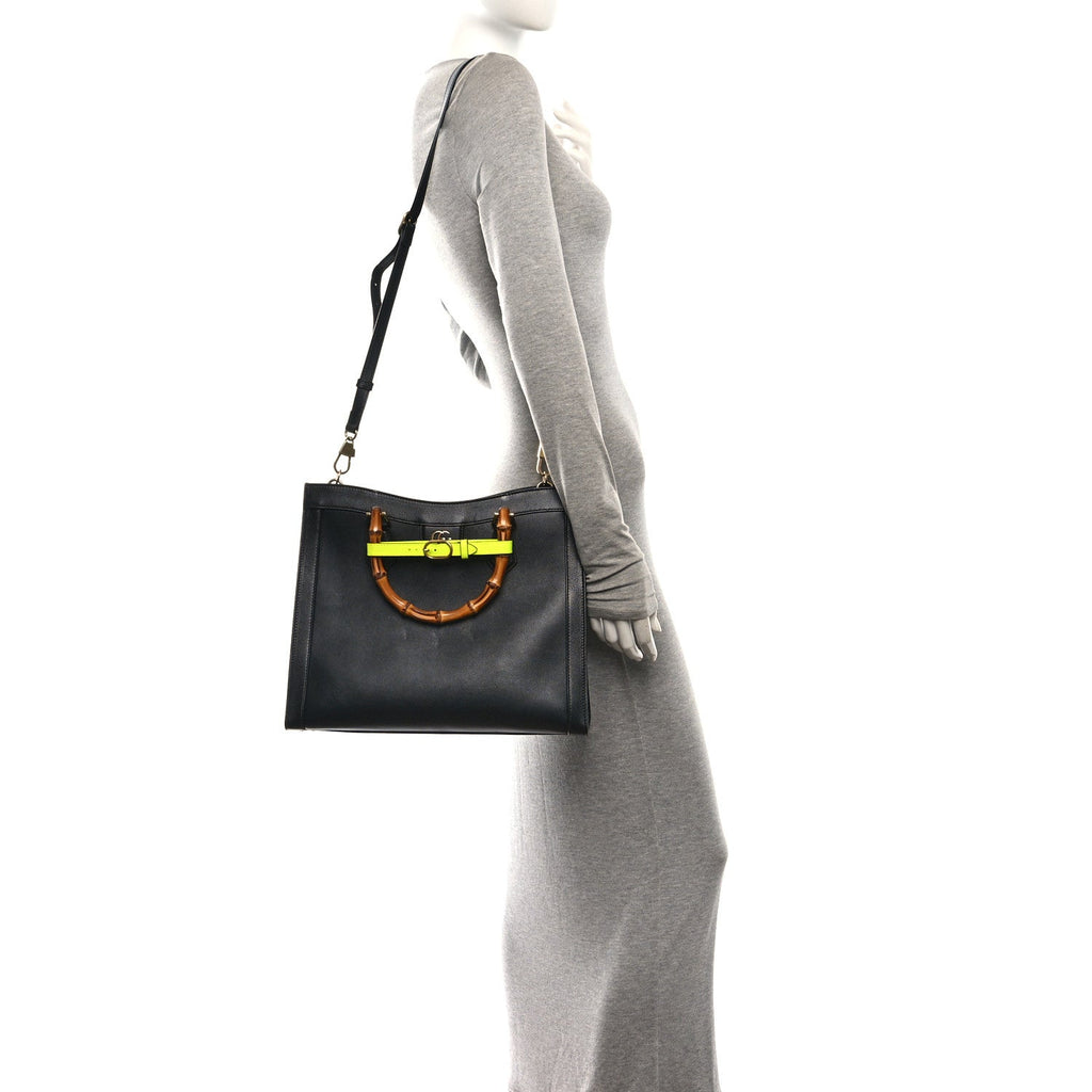 Gucci Calfskin Medium Diana Tote Bag Black Yellow Fluo