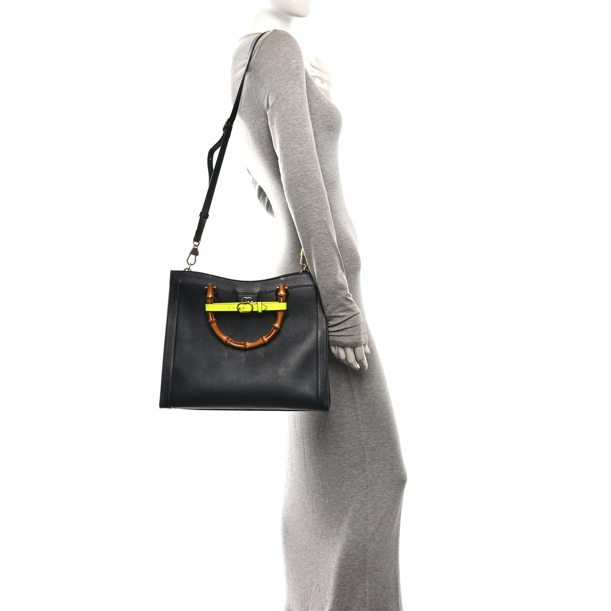 Gucci Calfskin Medium Diana Tote Bag Black Yellow Fluo