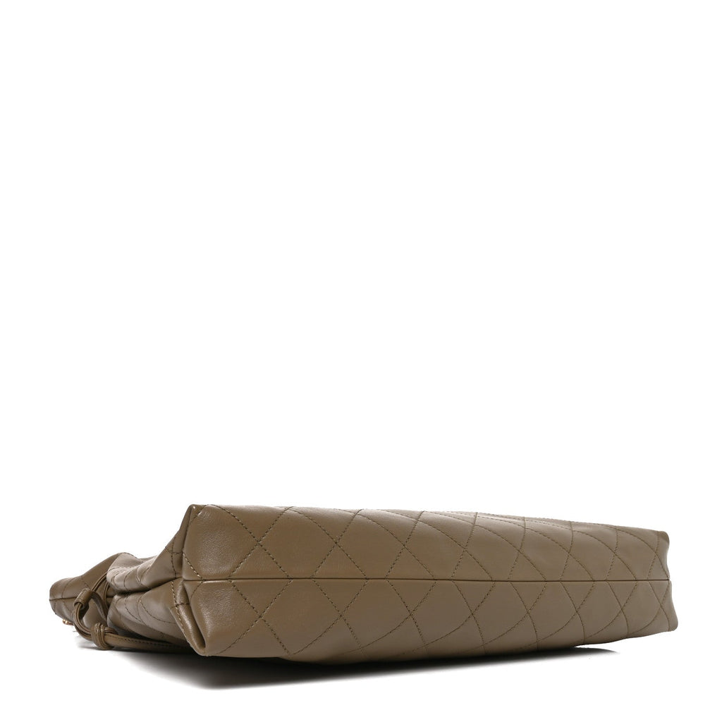 Chanel Lambskin Quilted Drawstring Shopping Bag Dark Khaki
