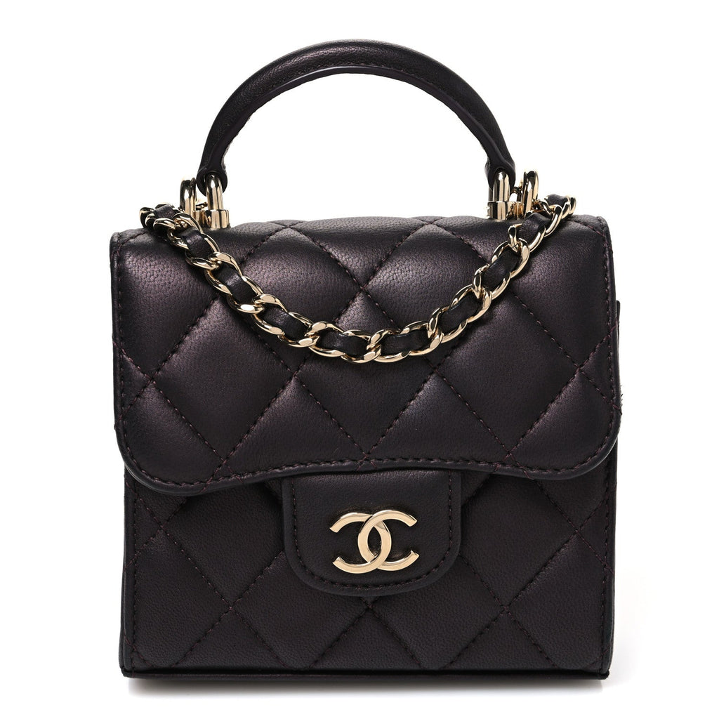 Chanel Iridescent Lambskin Quilted Top Handle Clutch With Chain Bordeaux