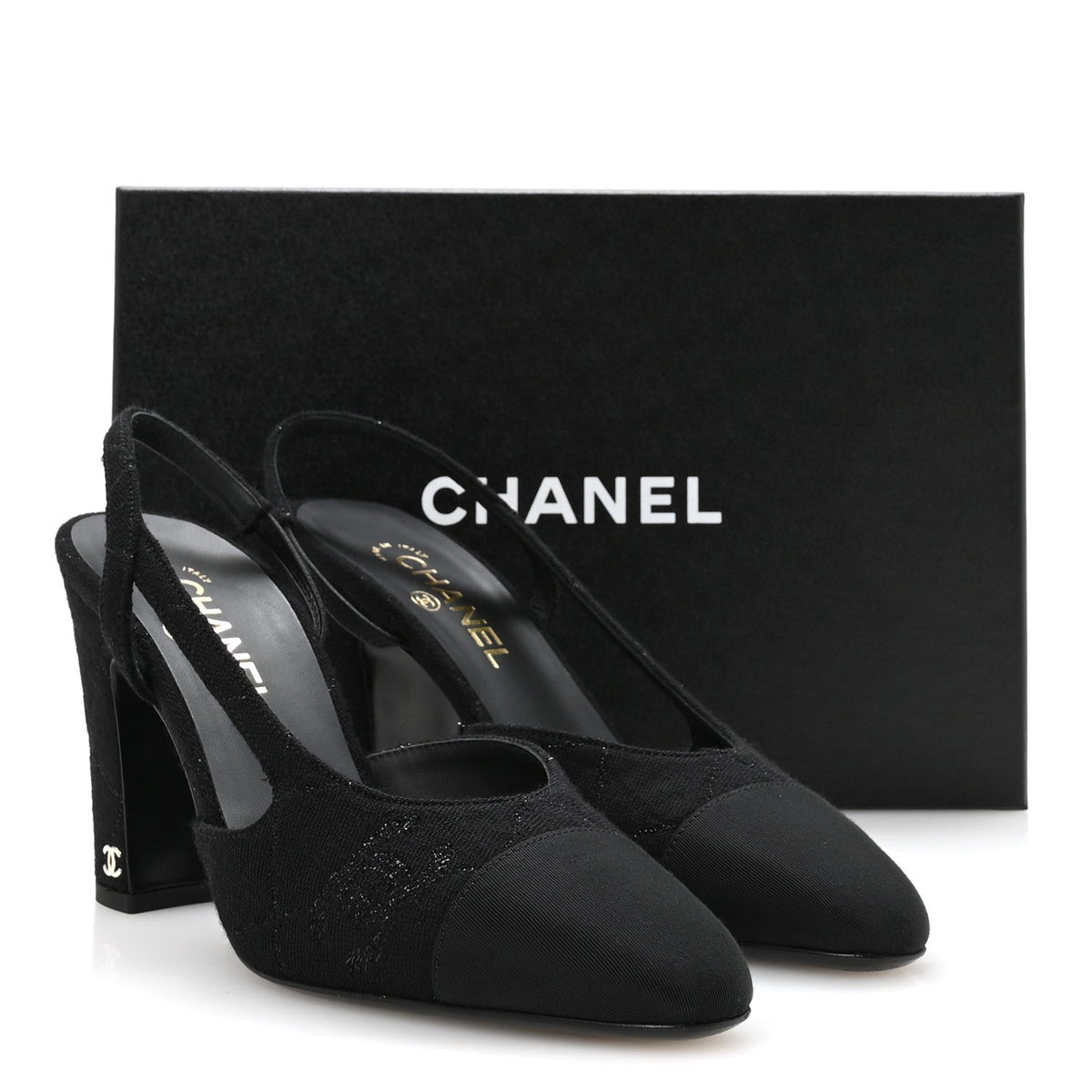Chanel Wool Grosgrain CC Cap Toe Women's Slingback Pumps