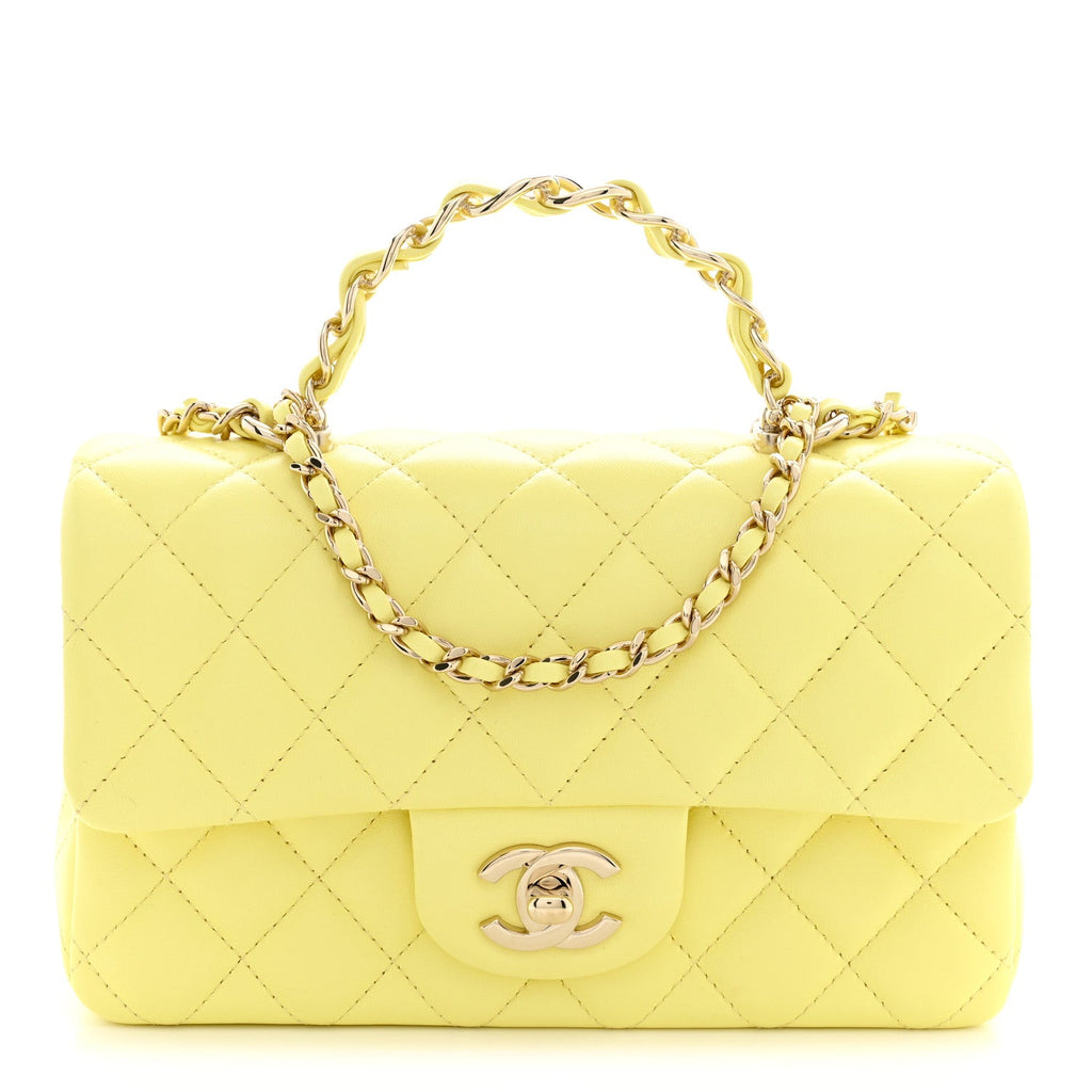 Chanel Lambskin Quilted Mini Chain Top Handle Rectangular Flap Light Yellow