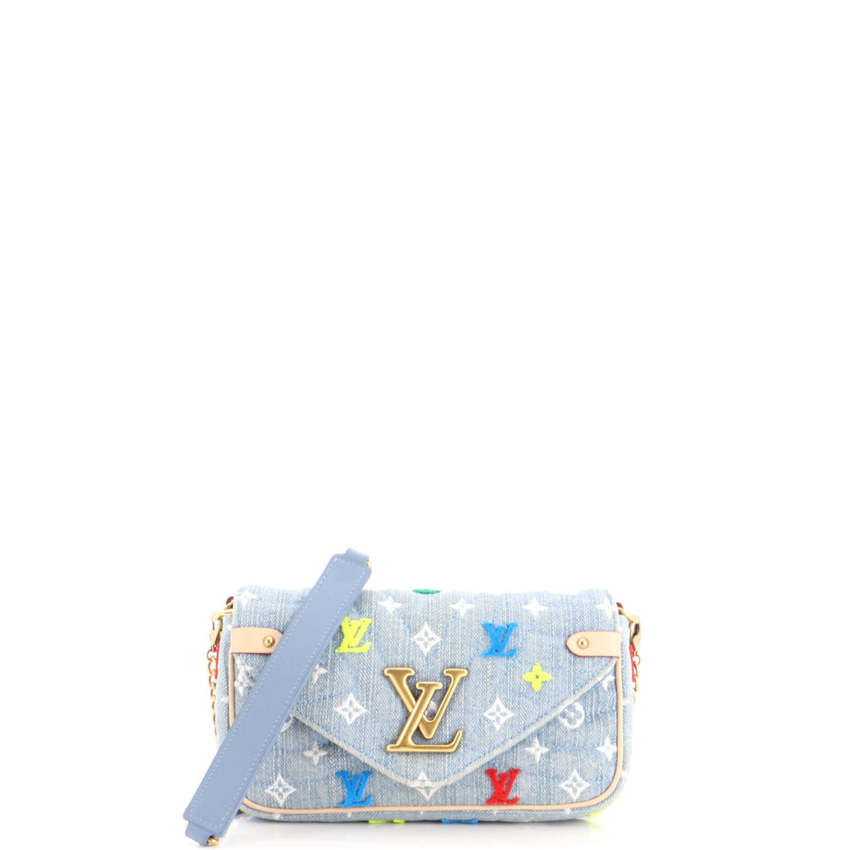 New Wave Chain Pochette Monogram Embroidered Quilted Denim