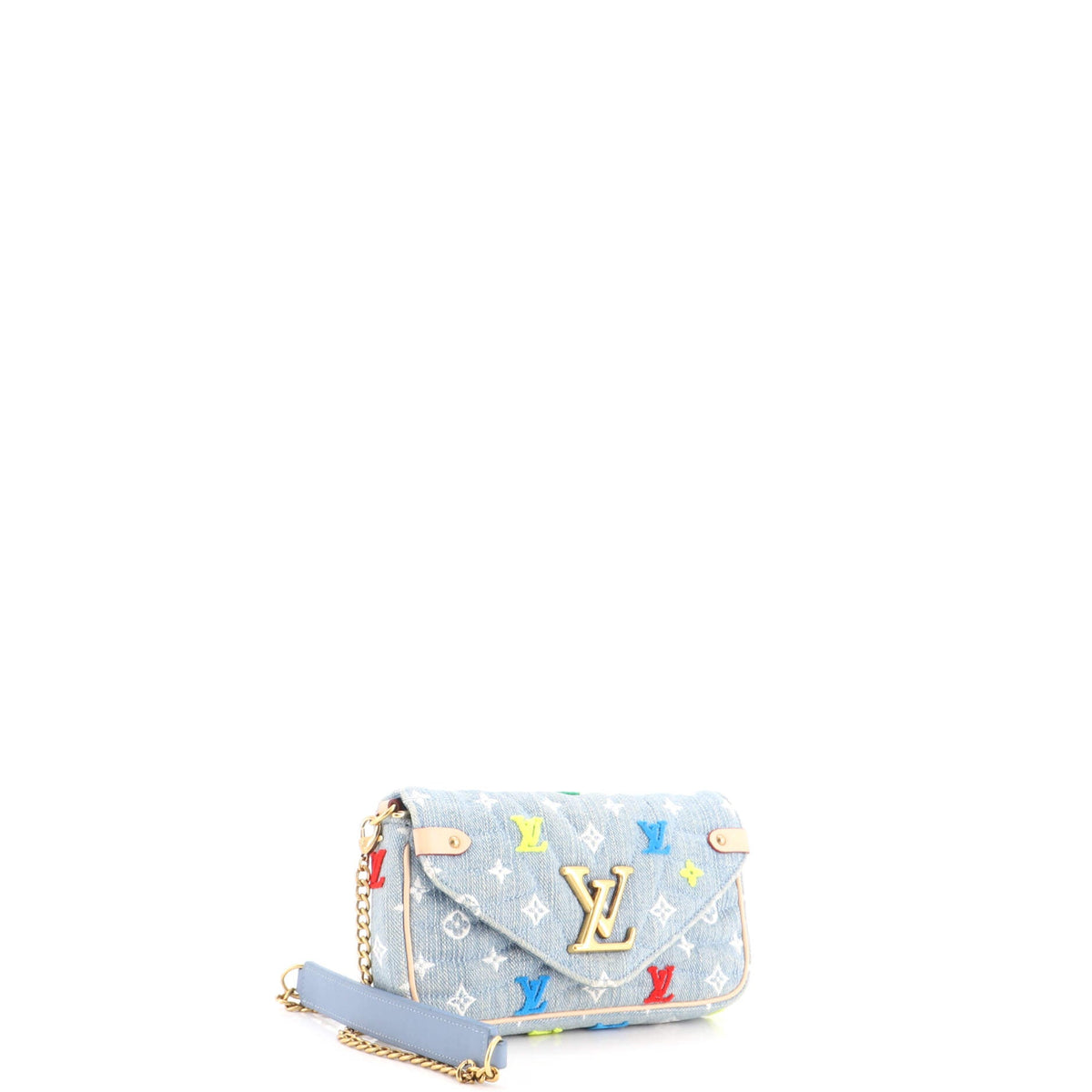 New Wave Chain Pochette Monogram Embroidered Quilted Denim