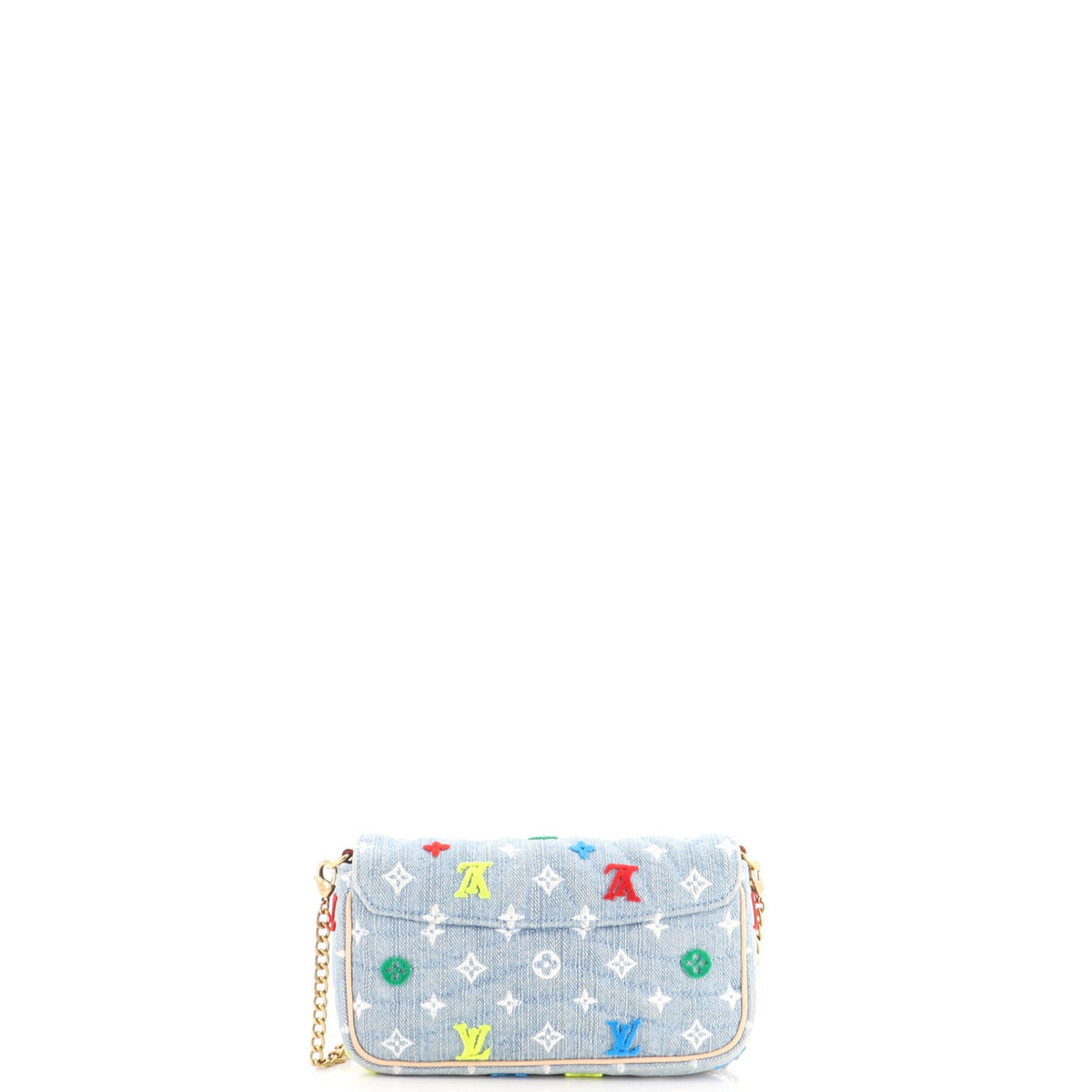 New Wave Chain Pochette Monogram Embroidered Quilted Denim