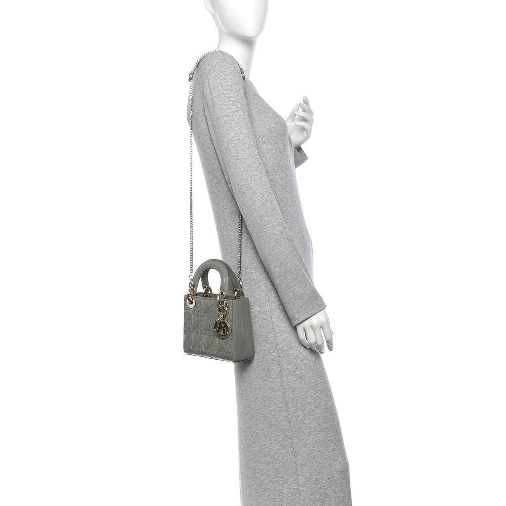 Christian Dior Patent Cannage Mini Lady Dior Grey Stone