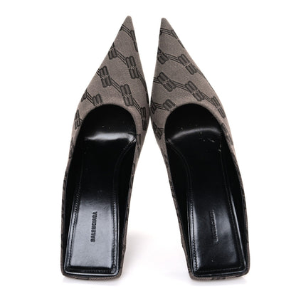 Balenciaga Monogram Canvas Women's Square Knife 80mm Mules 38.5 Dark Mink Grey Dark Brown