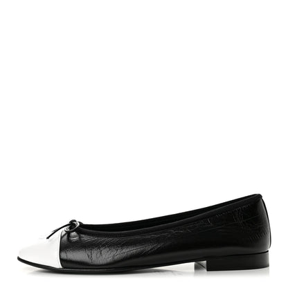 Chanel Crumpled Lambskin CC Cap Toe Women's Ballerina Flats Black White