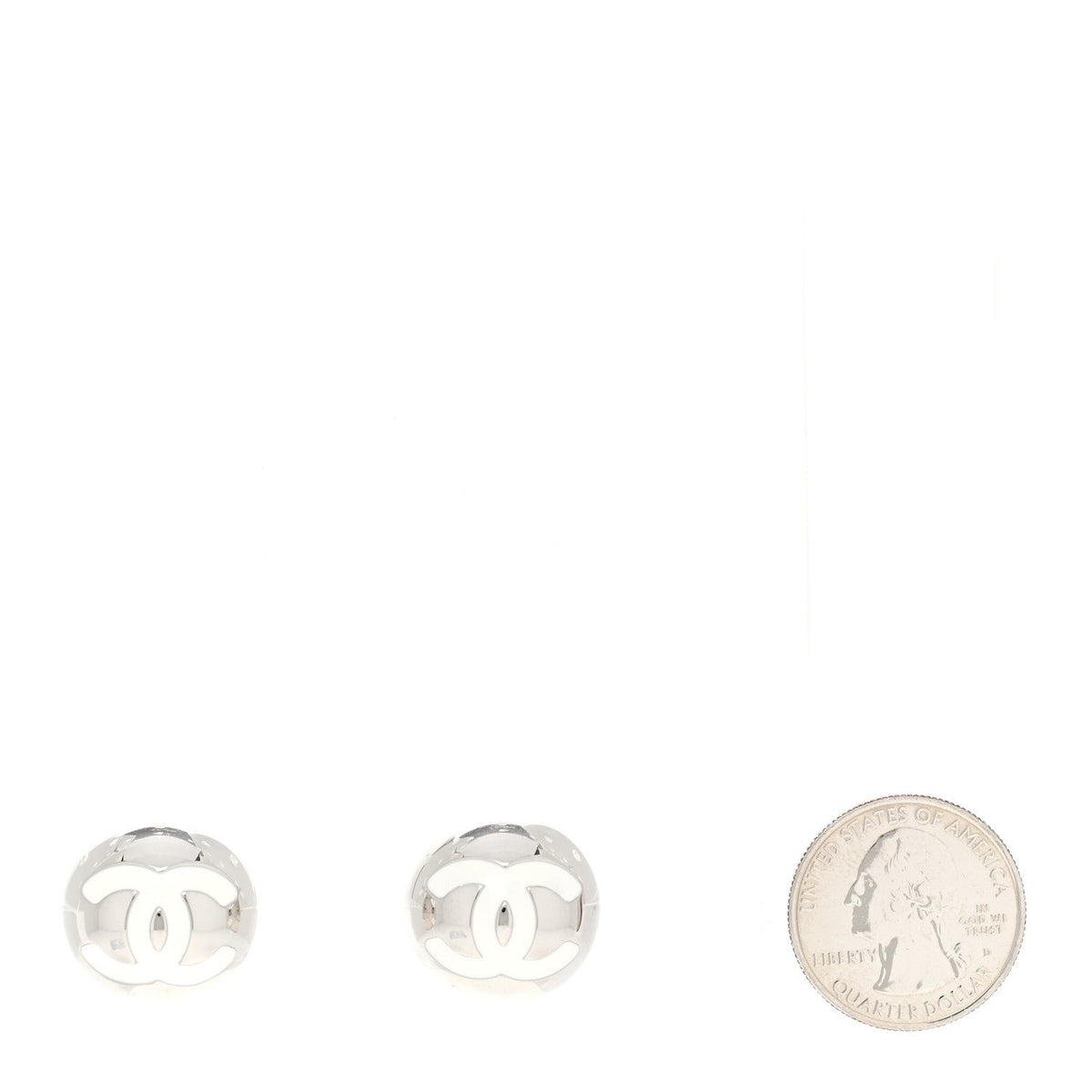 Metal Enamel CC Round Dome Earrings Silver White