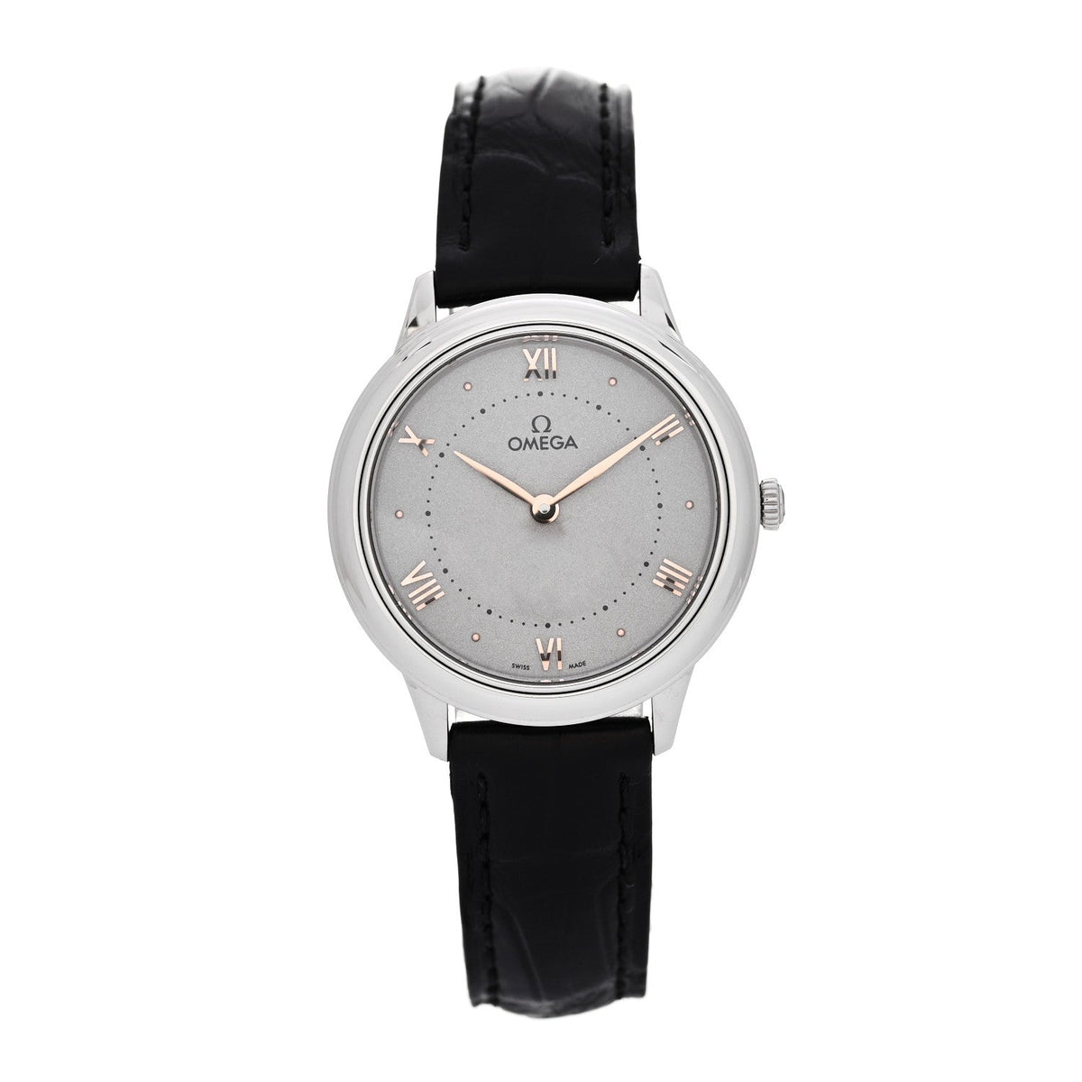 Omega Stainless Steel Alligator 30mm De Ville Prestige Quartz Watch Silver 434.10.30.60.06.001