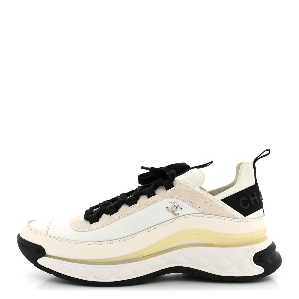 Chanel Velvet Calfskin Mixed Fibers Men's CC Sneakers 44 Ivory Black