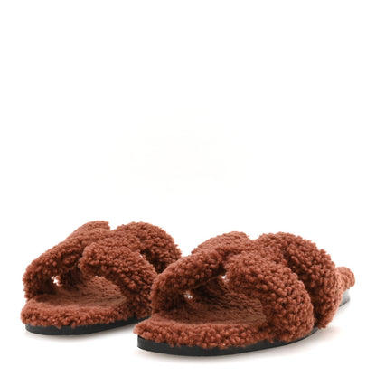 Hermes Woolskin Women's Oran Sandals 36 Cognac