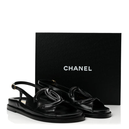Chanel Crumpled Shiny Lambskin Women's CC Cut Out Dad Sandals 39 Black