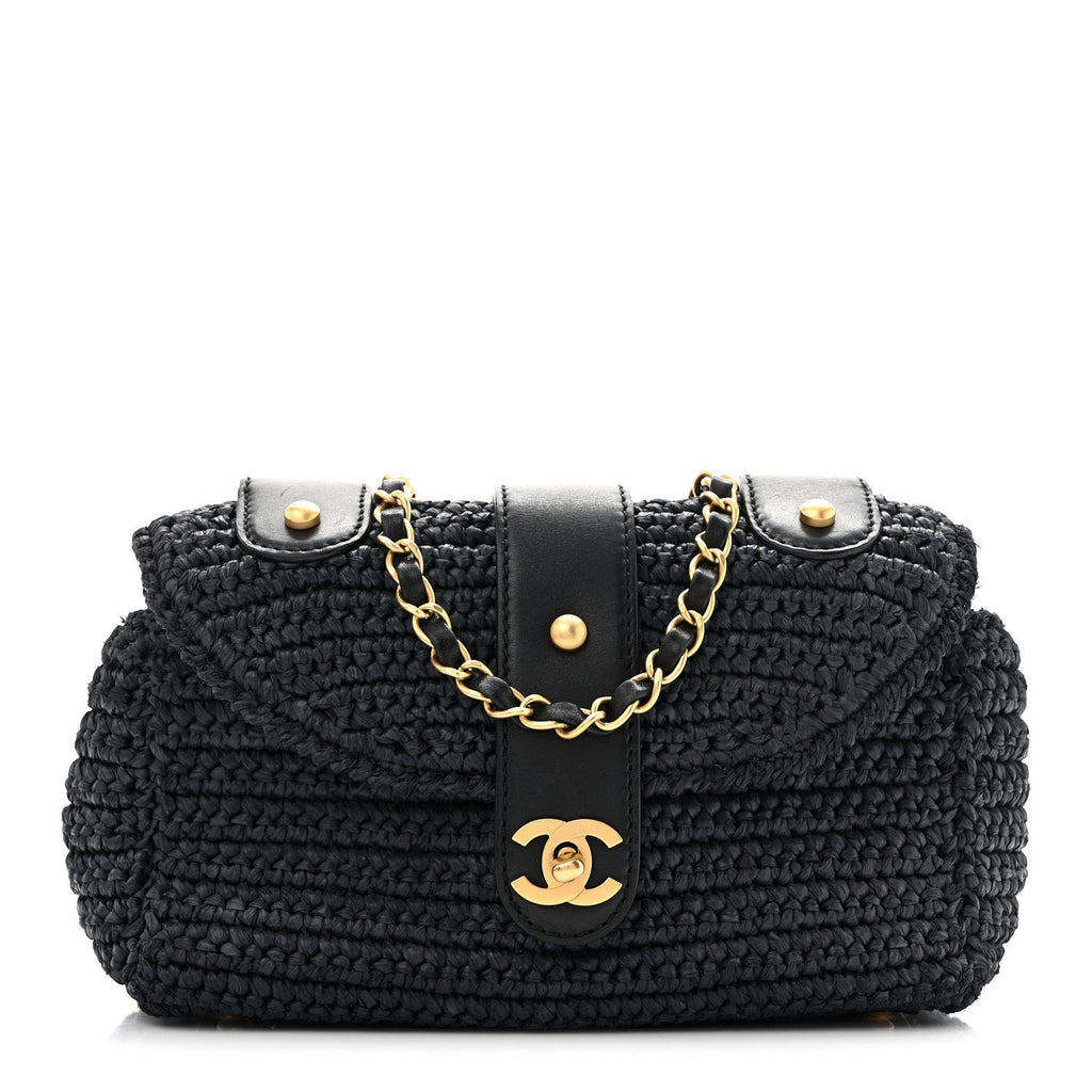 Chanel Straw Raffia Shoulder Bag Navy Blue