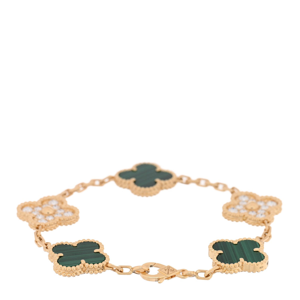 18K Yellow Gold Diamond Malachite 5 Motifs Vintage Alhambra Bracelet