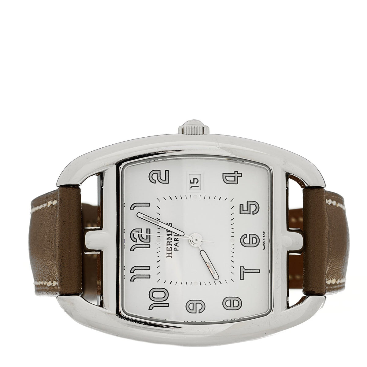 Hermes Stainless Steel Swift 33mm Cape Cod Tonneau Watch Etoupe