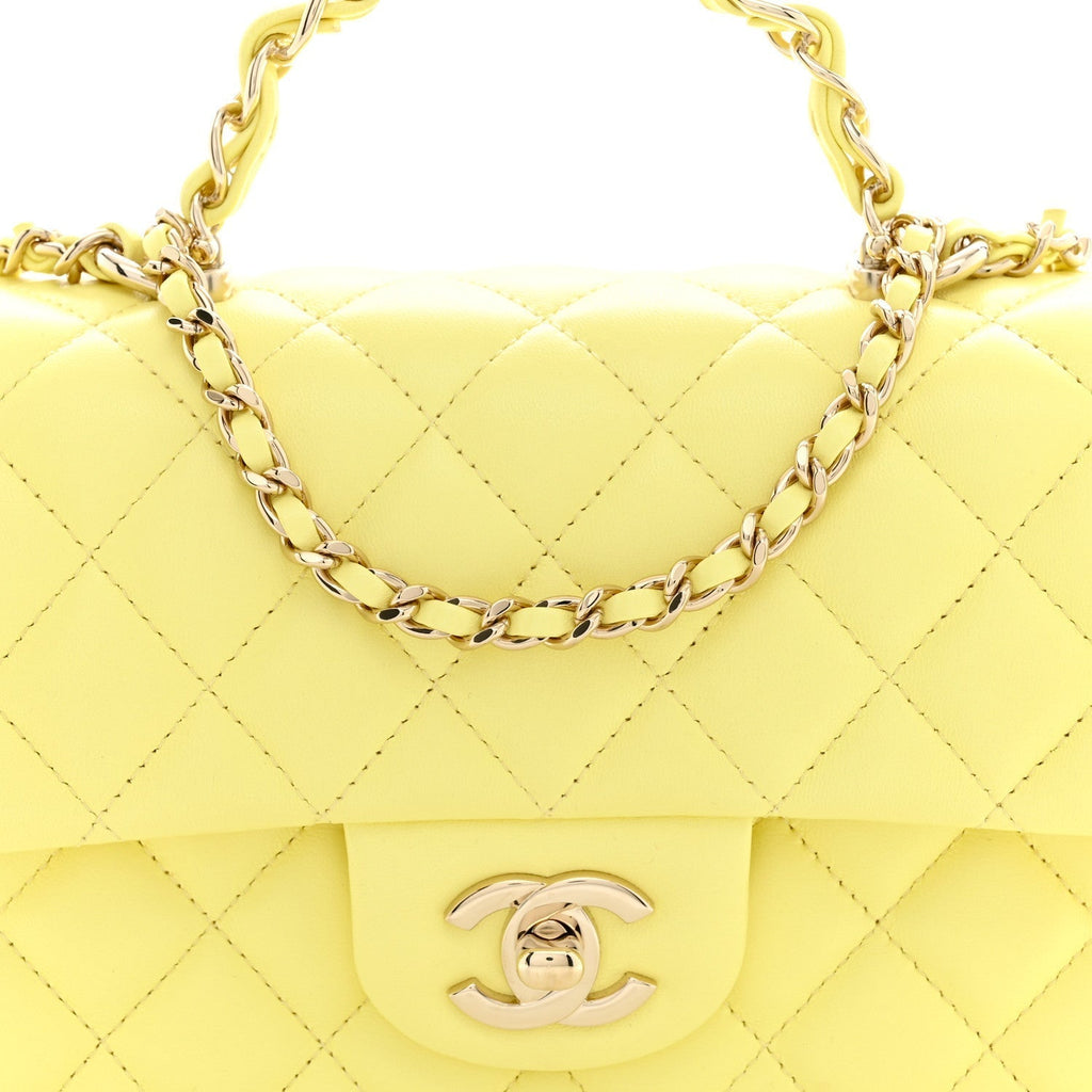 Chanel Lambskin Quilted Mini Chain Top Handle Rectangular Flap Light Yellow