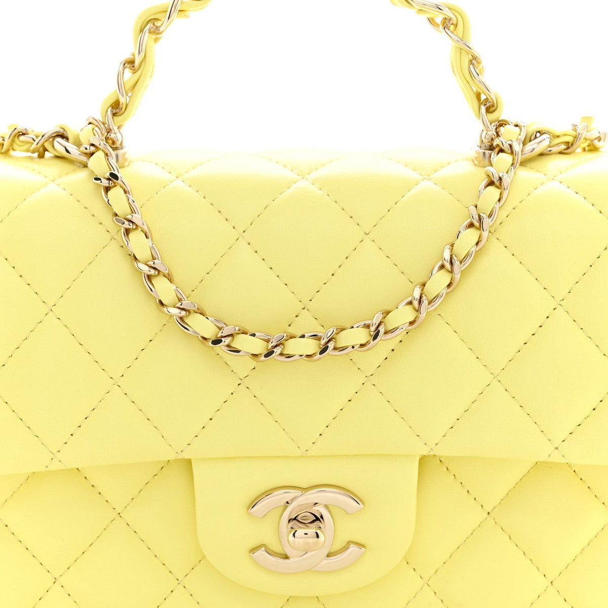 Chanel Lambskin Quilted Mini Chain Top Handle Rectangular Flap Light Yellow