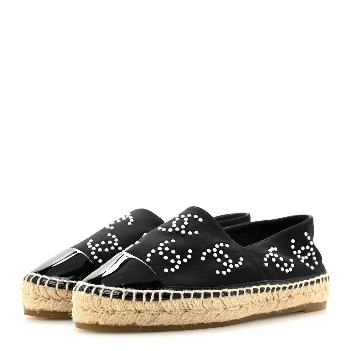 Chanel Neoprene Patent Calfskin Women's Pearl CC Espadrilles 35 Black White