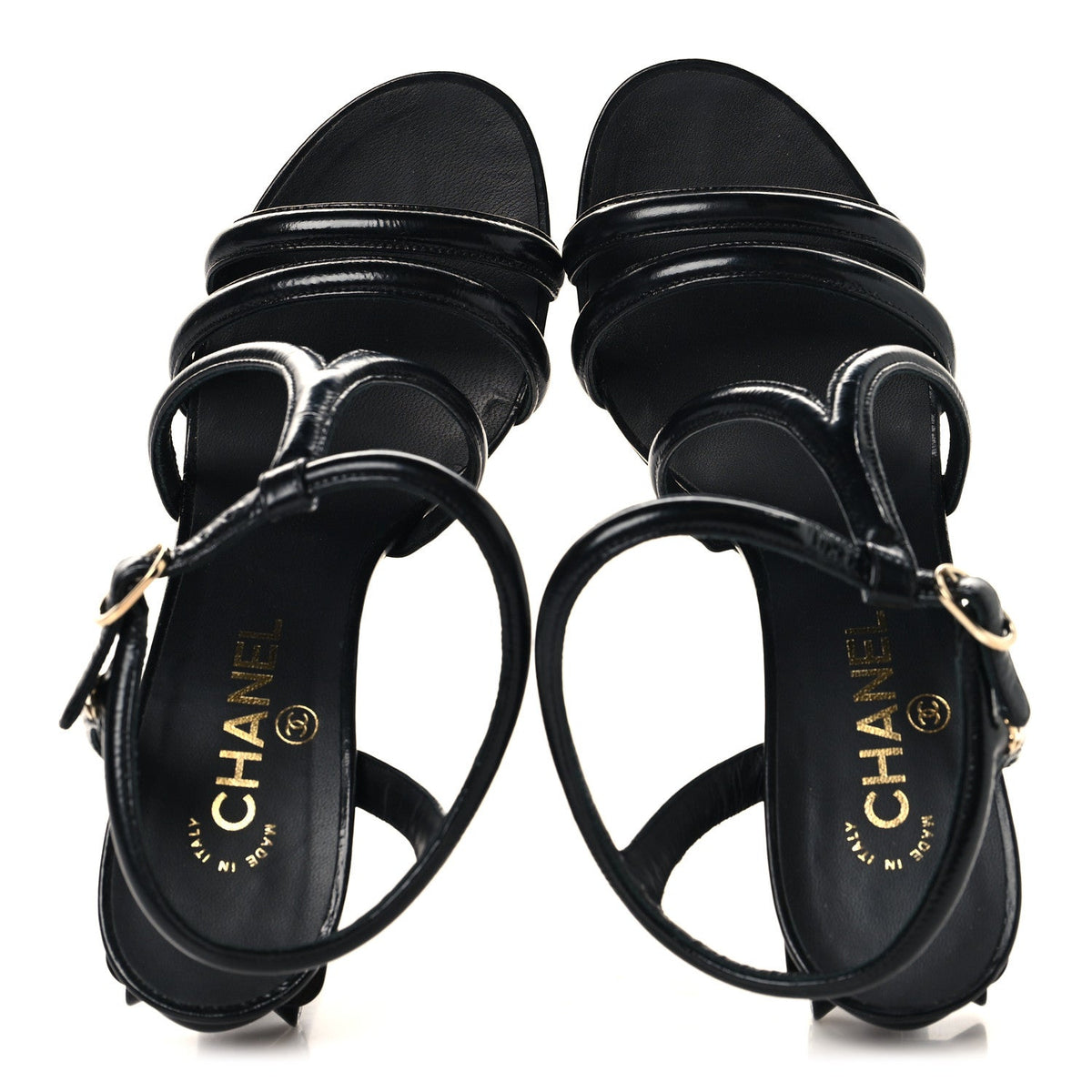 Chanel Patent Crumpled Calfskin Women's Parthenon Platform Sandals 39.5 Black