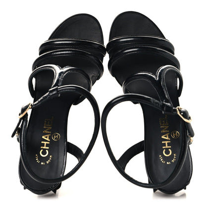 Chanel Patent Crumpled Calfskin Women's Parthenon Platform Sandals 39.5 Black