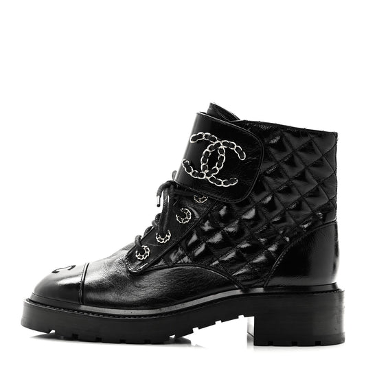 Shiny Lambskin Quilted Lace Up Combat Boots Black