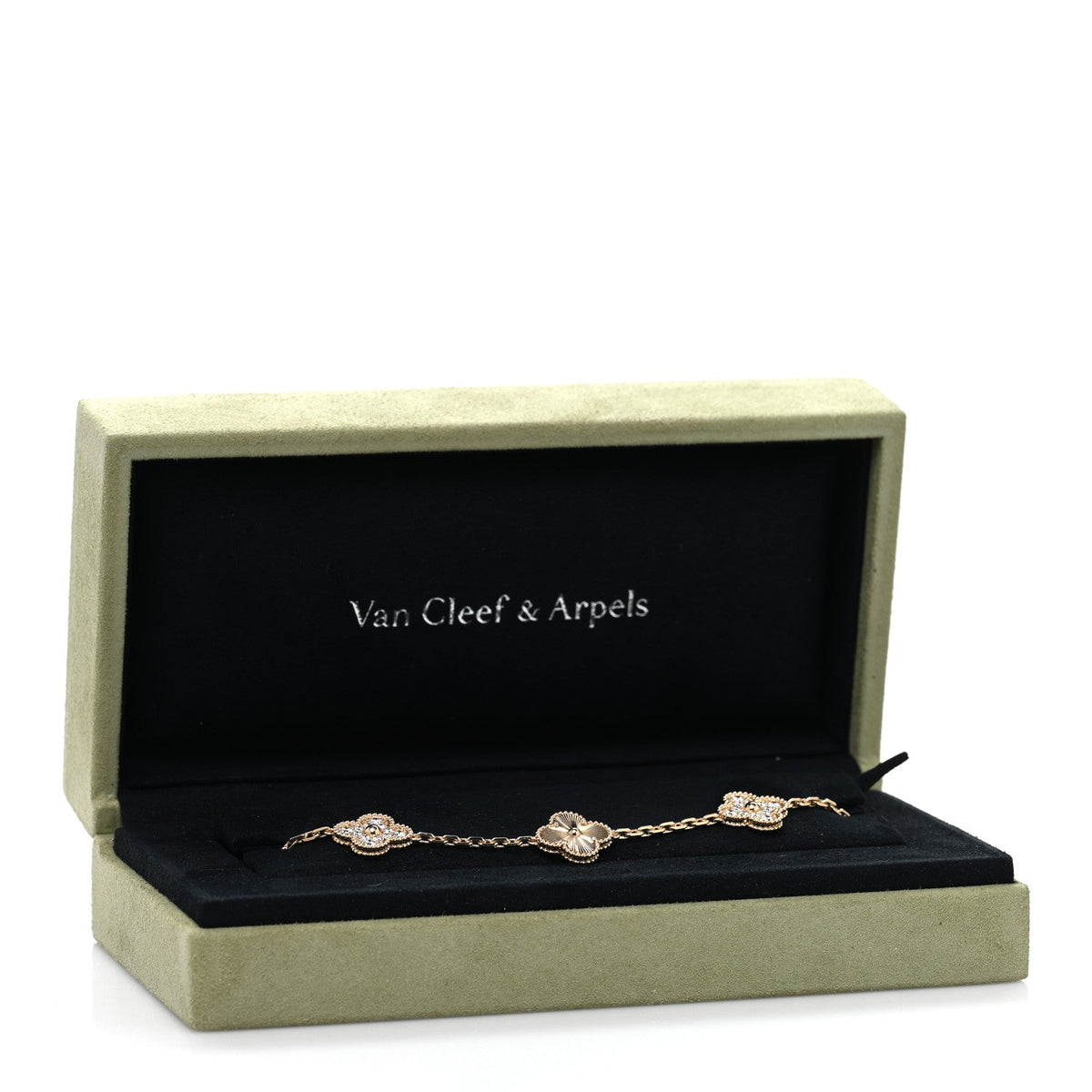 18K Yellow Gold Diamond 5 Motifs Guilloche Vintage Alhambra Bracelet