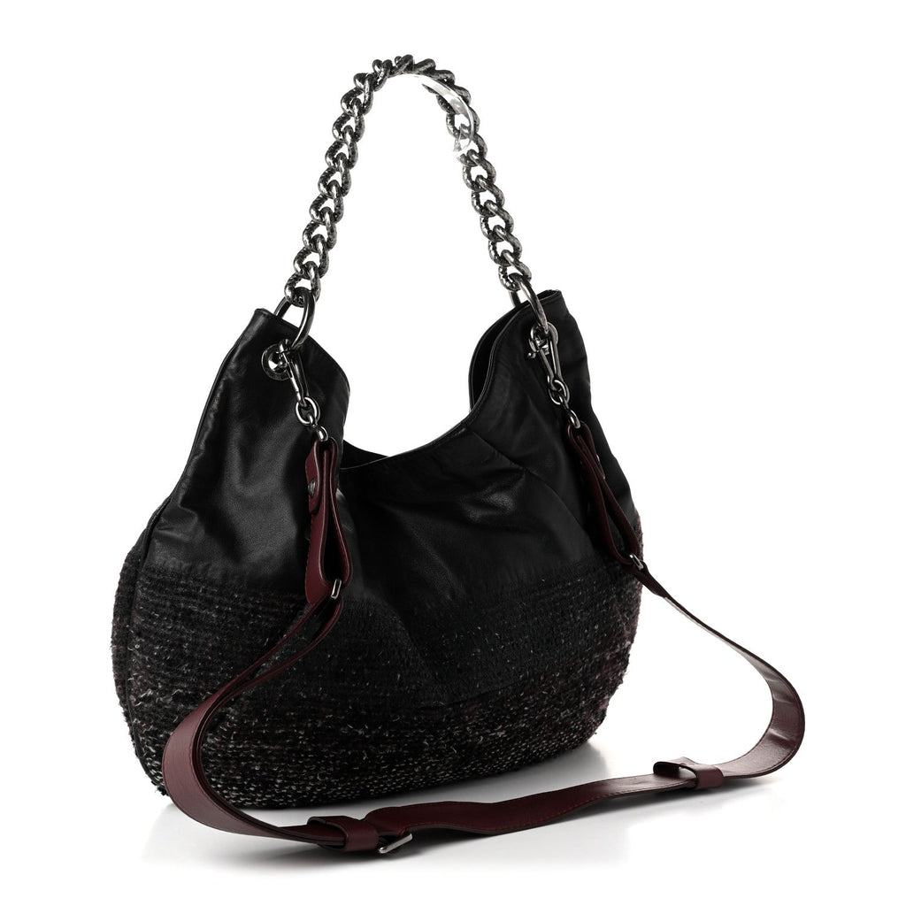 Chanel Calfskin Tweed Coco Pleats Hobo Bag Black Burgundy