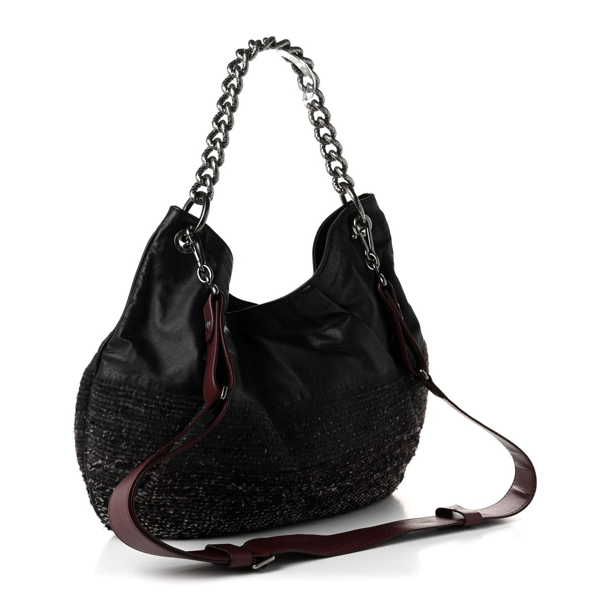Chanel Calfskin Tweed Coco Pleats Hobo Bag Black Burgundy