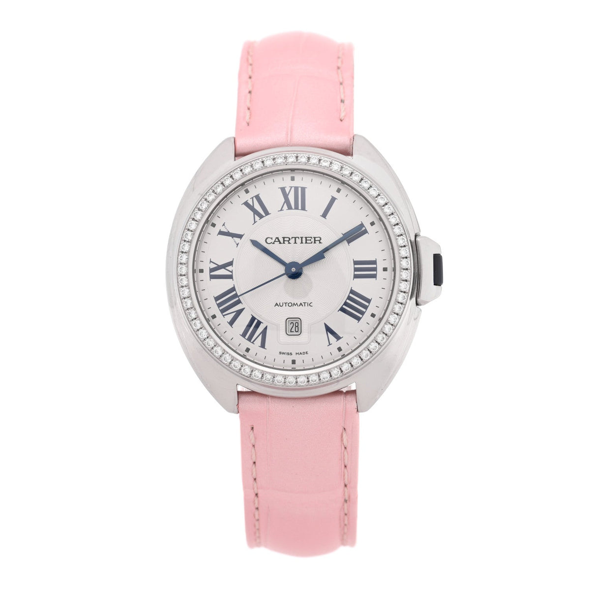 Cartier Stainless Steel Alligator Diamond 31mm Cle De Cartier Watch Pink
