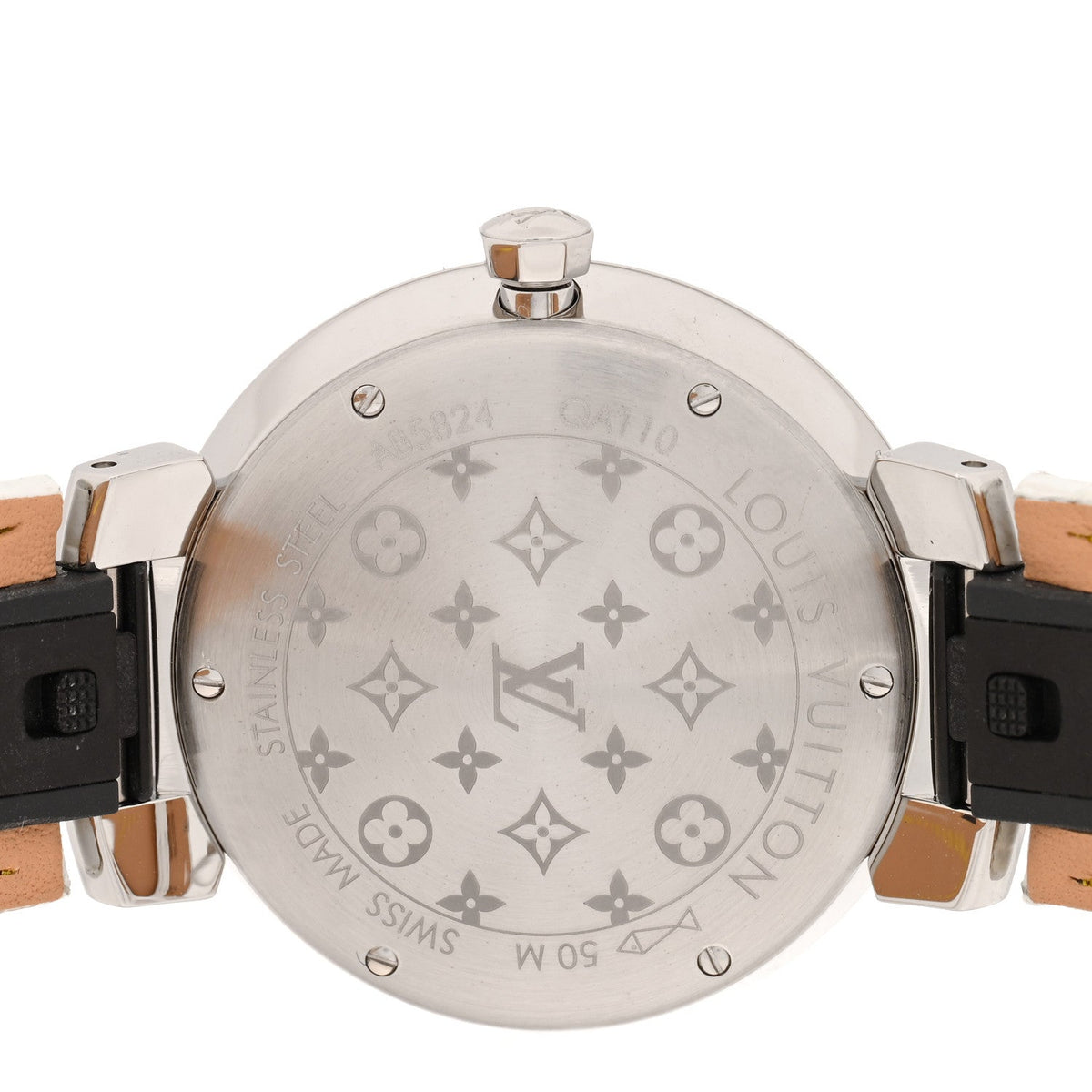Louis Vuitton Stainless Steel Alligator Diamond 33mm Tambour Slim Watch White