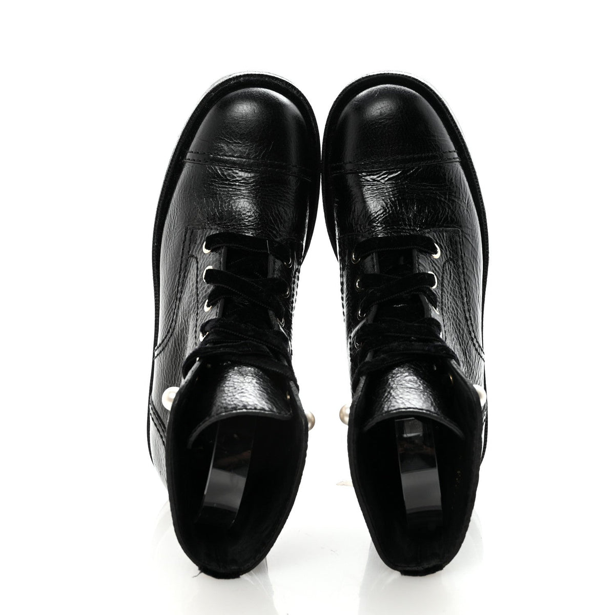 Chanel Shiny Calfskin Velvet Pearl Women's Combat Short Boots 38.5 Black