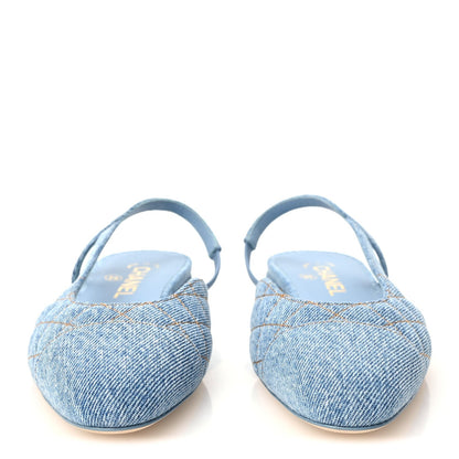 Chanel Denim Quilted CC Cap Toe Women's Slingback Flats Light Blue