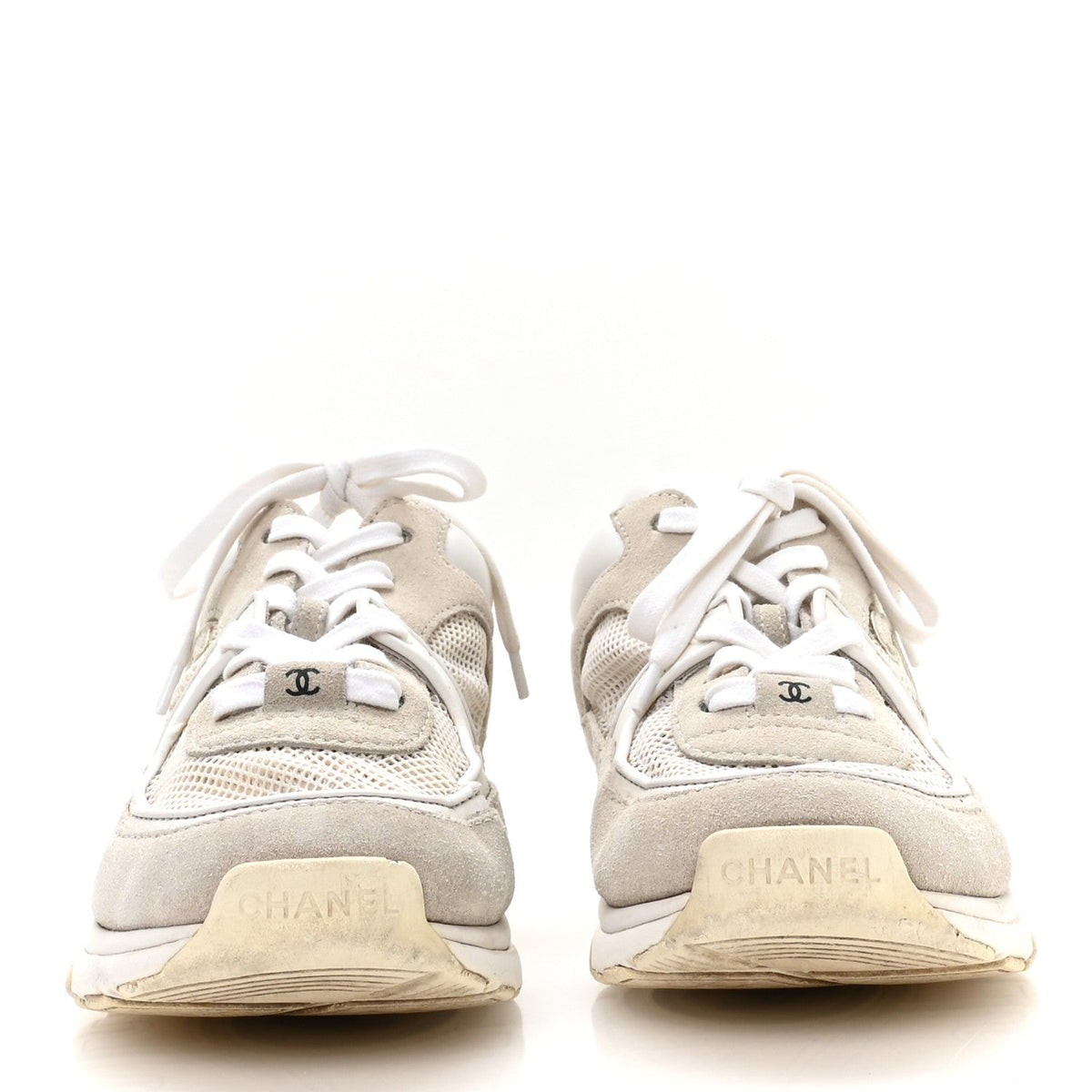 Chanel Suede Calfskin Women's CC Sneakers 37.5 White